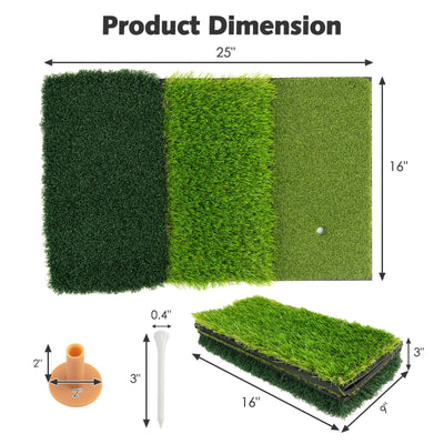 25 x 16 Inch Tri-Turf 3-in-1 Golf Hitting Mat Realistic Synthetic Turf with Tee Holder