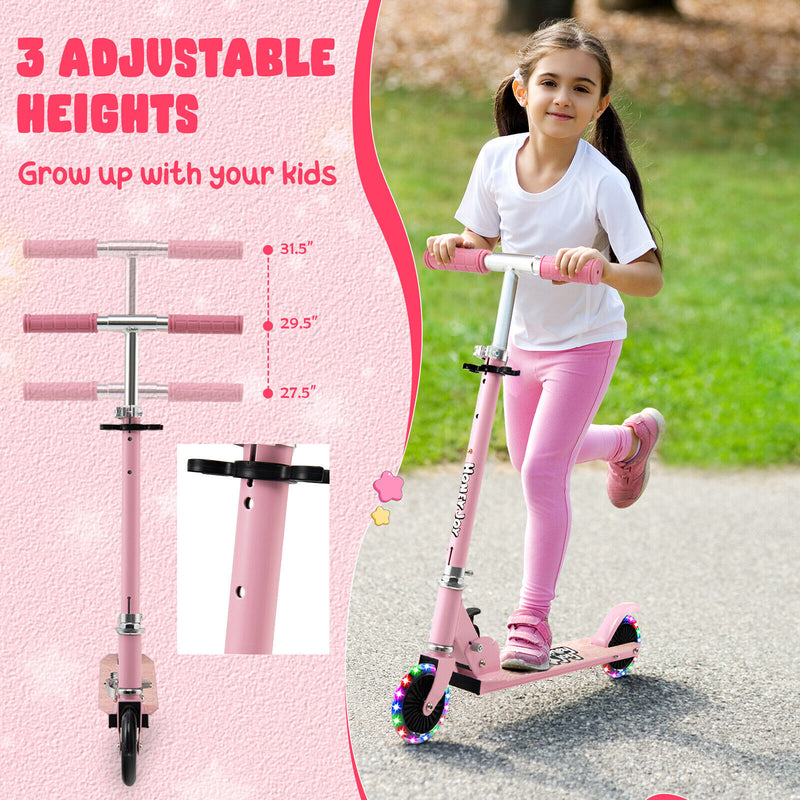 Folding Adjustable Height Kids Toy Kick Scooter with 2 Flashing Wheels-Pink