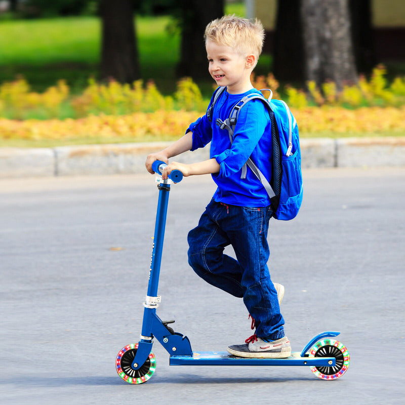 Folding Adjustable Height Kids Toy Kick Scooter with 2 Flashing Wheels-Blue