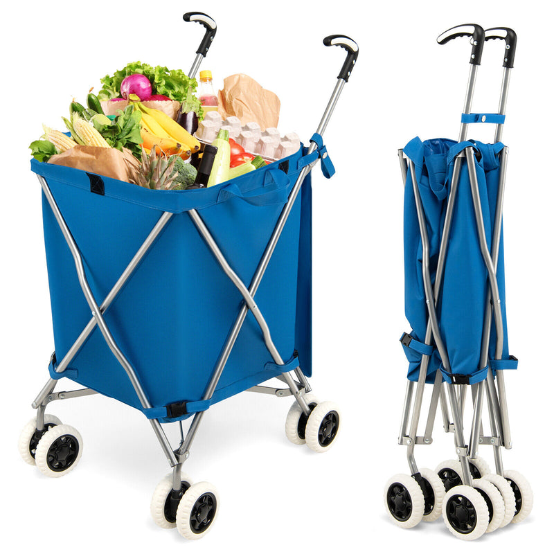 Folding Shopping Utility Cart with Water-Resistant Removable Canvas Bag-Blue