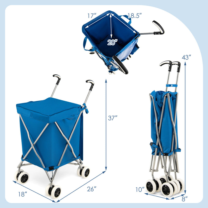 Folding Shopping Utility Cart with Water-Resistant Removable Canvas Bag-Blue