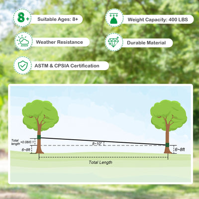 100 Feet Zipline Kit for Backyard Kids Adults with Stainless Steel Spring Brake Seat