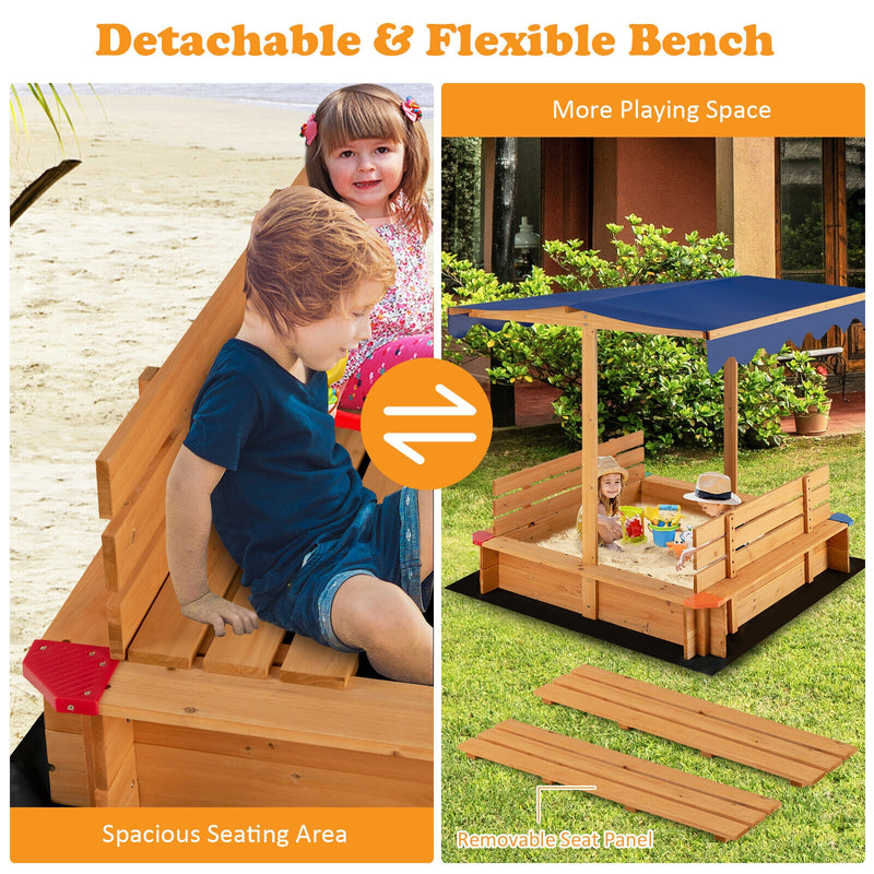 Kids Wooden Sandbox with Canopy and 2 Bench Seats