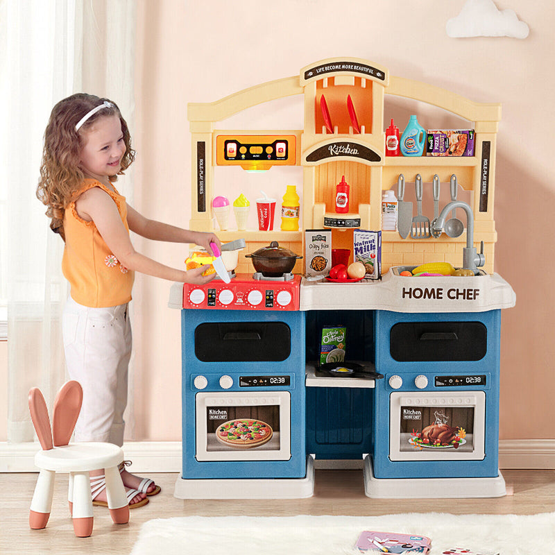 69 Pieces Kitchen Playset Toys with Realistic Lights and Sounds-Blue