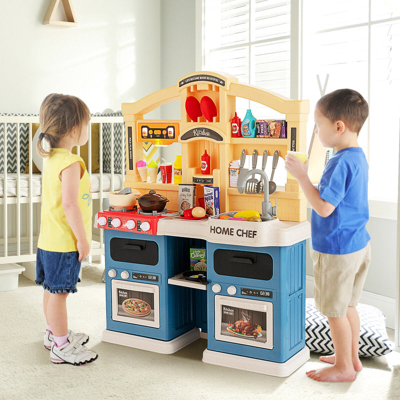 69 Pieces Kitchen Playset Toys with Realistic Lights and Sounds-Blue