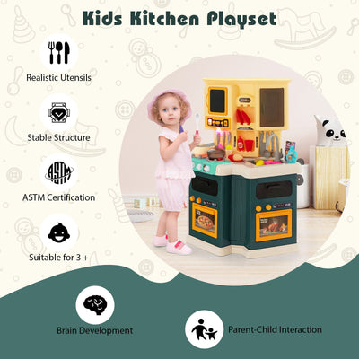 67 Pieces Kid's Kitchen Playset with Vapor and Boil Effects-Green