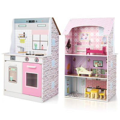 2-In-1 Kids Kitchen Playset and Dollhouse with Accessories