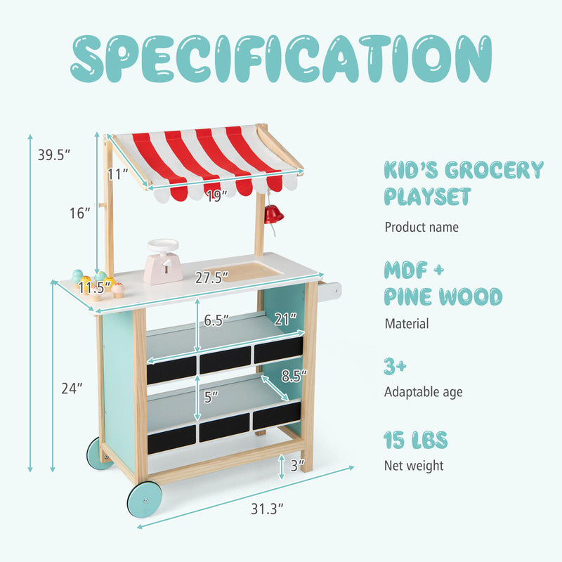 Kids Wooden Ice Cream Cart with Chalkboard and Storage