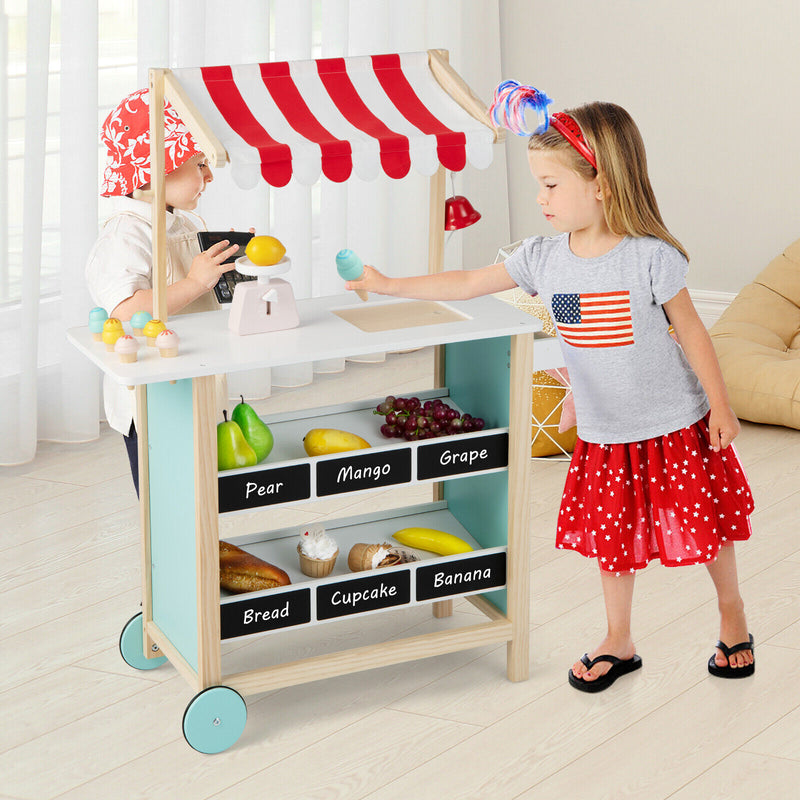 Kids Wooden Ice Cream Cart with Chalkboard and Storage