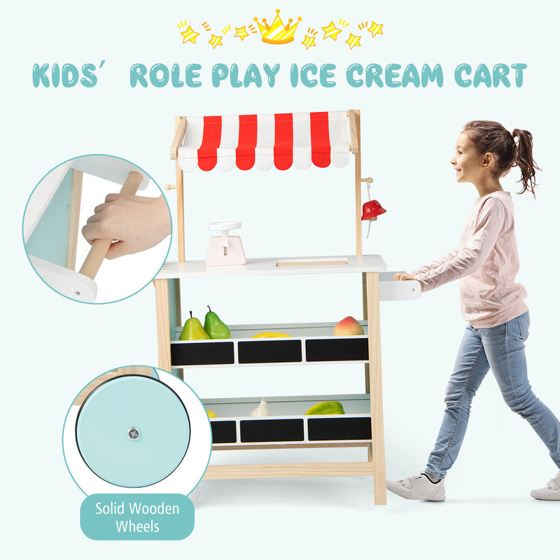 Kids Wooden Ice Cream Cart with Chalkboard and Storage