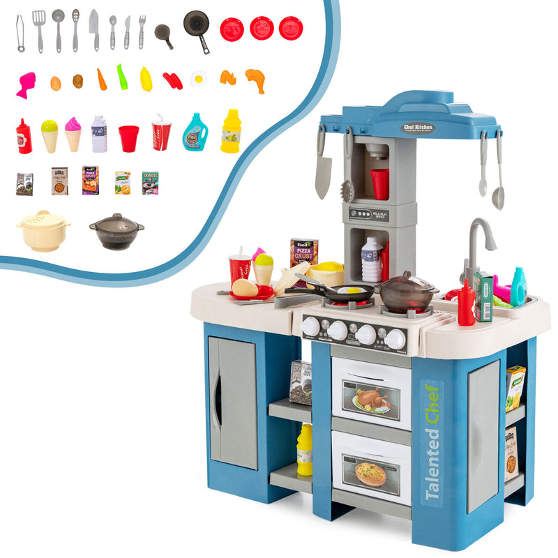 67 Pieces Play Kitchen Set for Kids with Food and Realistic Lights and Sounds-Blue