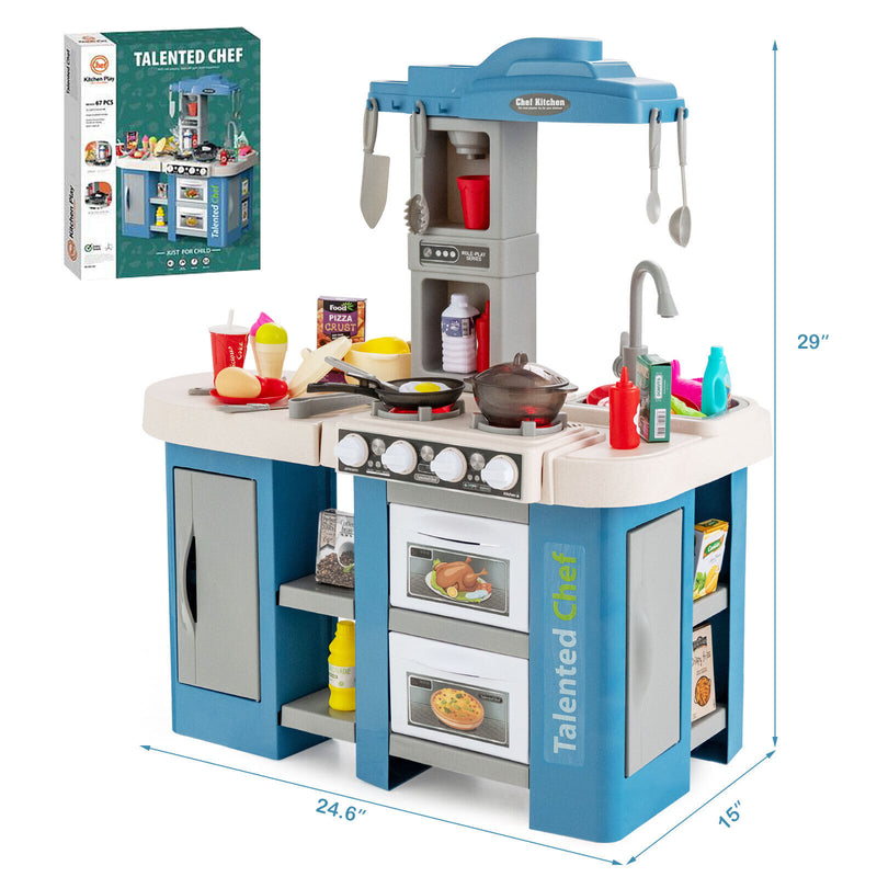 67 Pieces Play Kitchen Set for Kids with Food and Realistic Lights and Sounds-Blue