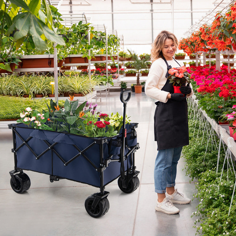 Folding Utility Garden Cart with Wide Wheels and Adjustable Handle-Blue