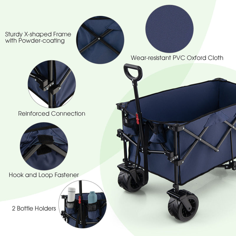 Folding Utility Garden Cart with Wide Wheels and Adjustable Handle-Blue