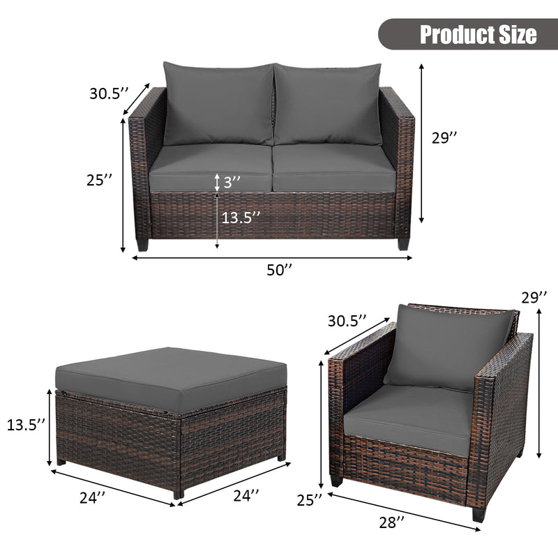 5 Pieces Patio Cushioned Rattan Furniture Set-Gray