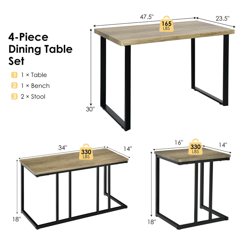 4 Pieces Industrial Dinette Set with Bench and 2 Stools-Oak