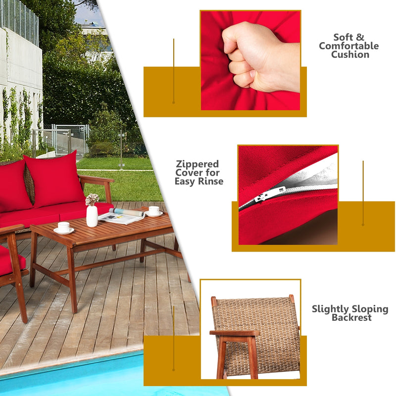 4 Piece  Acacia Wood Patio Rattan Furniture Set-Red