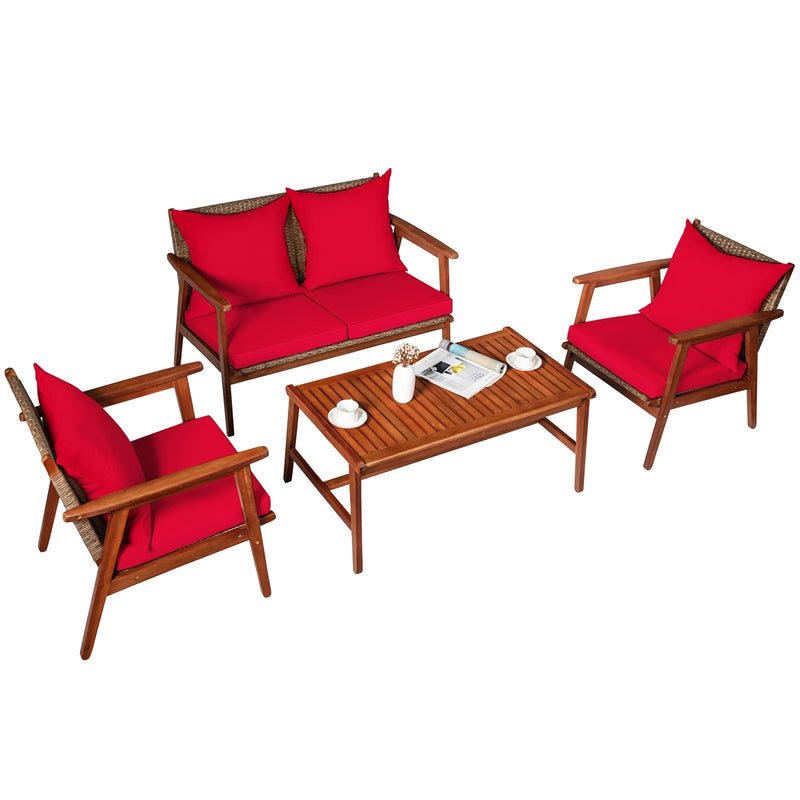 4 Piece  Acacia Wood Patio Rattan Furniture Set-Red