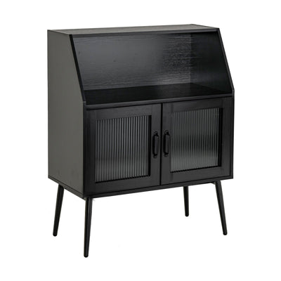 Kitchen Storage Cupboard Buffet Cabinet Sideboard with Open Cubby and 2 Glass Doors-Black