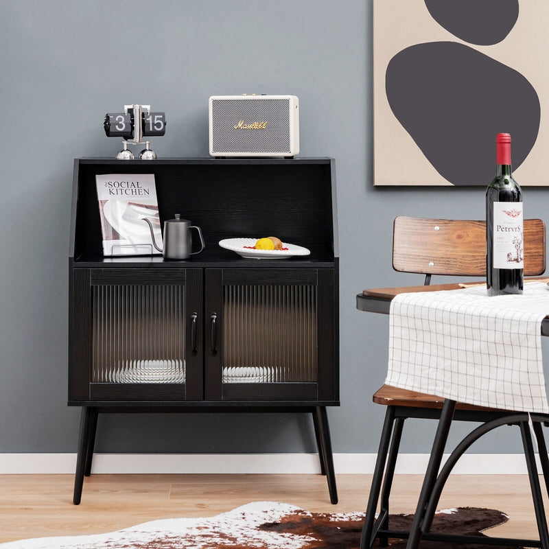 Kitchen Storage Cupboard Buffet Cabinet Sideboard with Open Cubby and 2 Glass Doors-Black