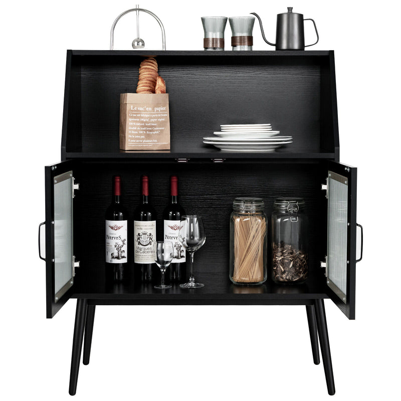 Kitchen Storage Cupboard Buffet Cabinet Sideboard with Open Cubby and 2 Glass Doors-Black