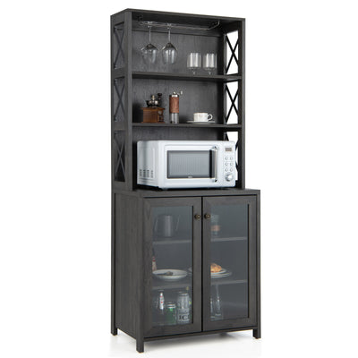 Tall Freestanding Bar Cabinet Buffet with Glass Holder and Adjustable Shelf-Gray