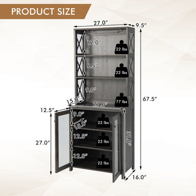 Tall Freestanding Bar Cabinet Buffet with Glass Holder and Adjustable Shelf-Gray