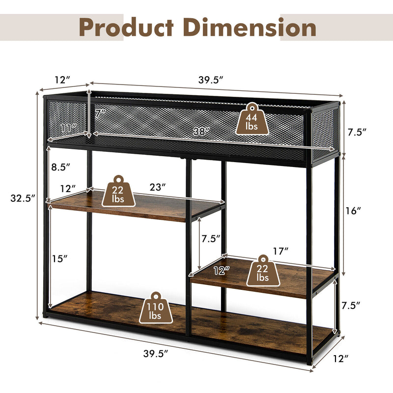 4-Tier Industrial Console Table with Wire Basket and shelf-Rustic Brown