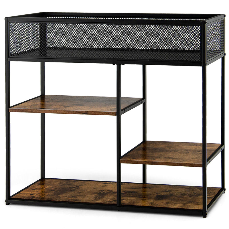 4-Tier Industrial Console Table with Wire Basket and shelf-Rustic Brown