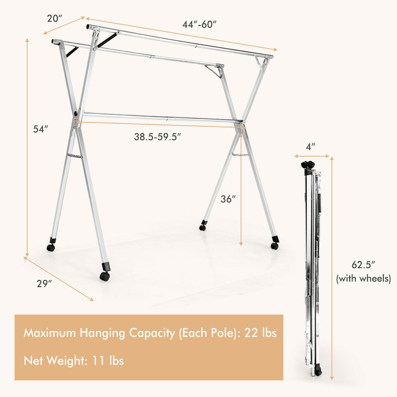 Foldable Steel Clothes Drying Rack with 4 Universal Wheels for Laundry