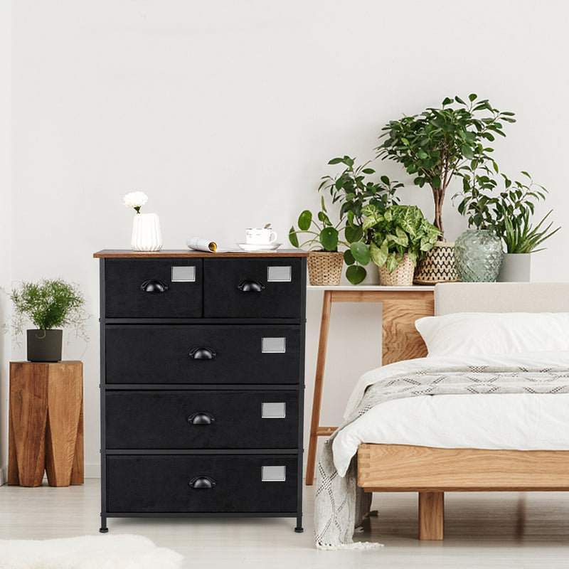 5-Drawer Storage Dresser with Labels and Removable Fabric Bins-Black