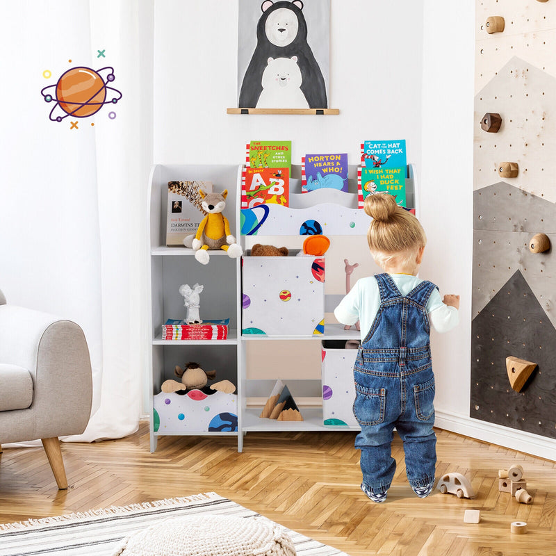 Kids Book Organizer Children Wooden Storage Cabinet with Storage Bins