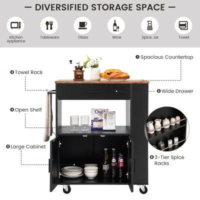 Kitchen Island Cart Rolling Storage Cabinet with Drawer and Spice Rack Shelf-Black