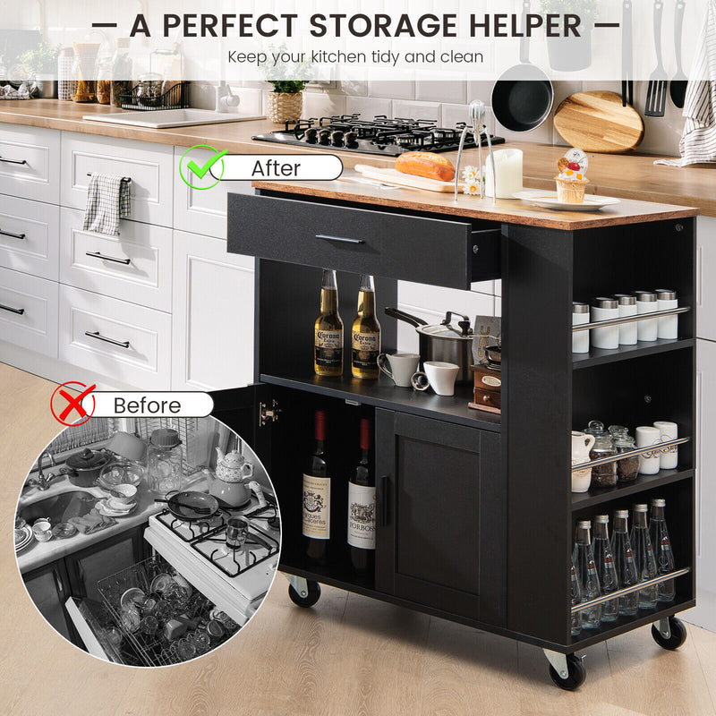 Kitchen Island Cart Rolling Storage Cabinet with Drawer and Spice Rack Shelf-Black