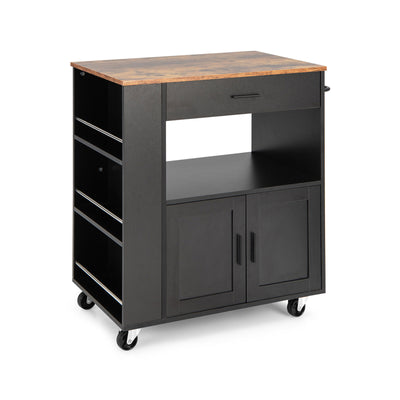 Kitchen Island Cart Rolling Storage Cabinet with Drawer and Spice Rack Shelf-Black