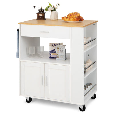 Kitchen Island Cart Rolling Storage Cabinet with Drawer and Spice Rack Shelf-White