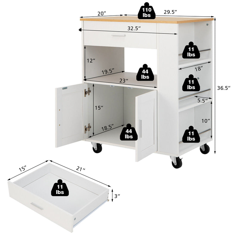 Kitchen Island Cart Rolling Storage Cabinet with Drawer and Spice Rack Shelf-White