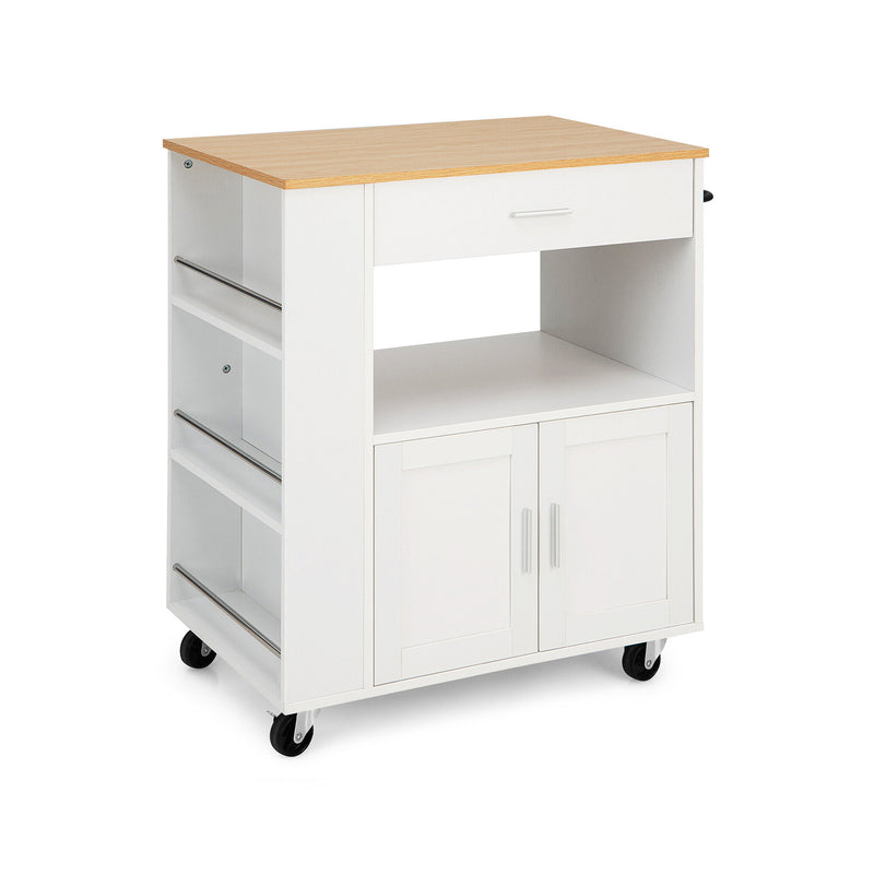 Kitchen Island Cart Rolling Storage Cabinet with Drawer and Spice Rack Shelf-White