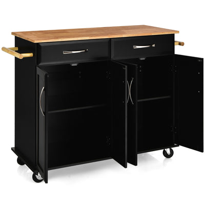 4-Door Rolling Kitchen Island Cart Buffet Cabinet with Towel Racks Drawers-Black