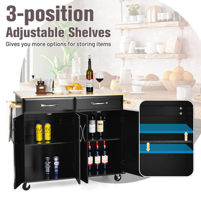 4-Door Rolling Kitchen Island Cart Buffet Cabinet with Towel Racks Drawers-Black