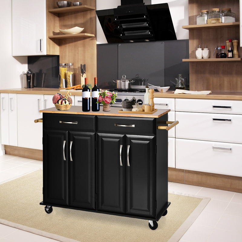 4-Door Rolling Kitchen Island Cart Buffet Cabinet with Towel Racks Drawers-Black