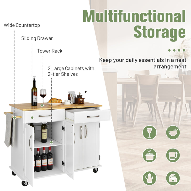 4-Door Rolling Kitchen Island Cart Buffet Cabinet with Towel Racks Drawers-White