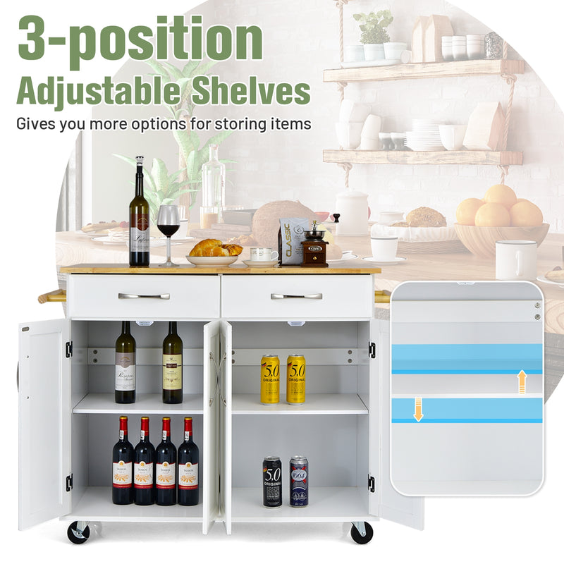 4-Door Rolling Kitchen Island Cart Buffet Cabinet with Towel Racks Drawers-White