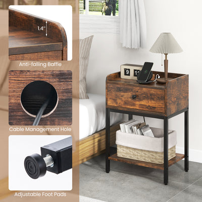 Industrial Bedside Table Nightstand with Charging Station-Rustic Brown