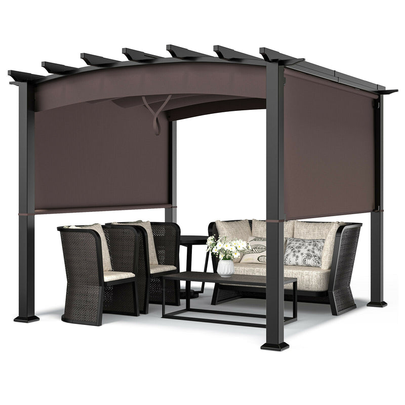 10 x 10ft Patio Pergola Gazebo Sun Shade Shelter with Retractable Canopy-Coffee