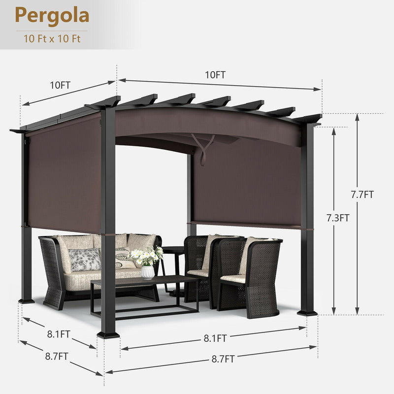 10 x 10ft Patio Pergola Gazebo Sun Shade Shelter with Retractable Canopy-Coffee