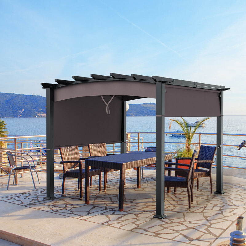 10 x 10ft Patio Pergola Gazebo Sun Shade Shelter with Retractable Canopy-Coffee