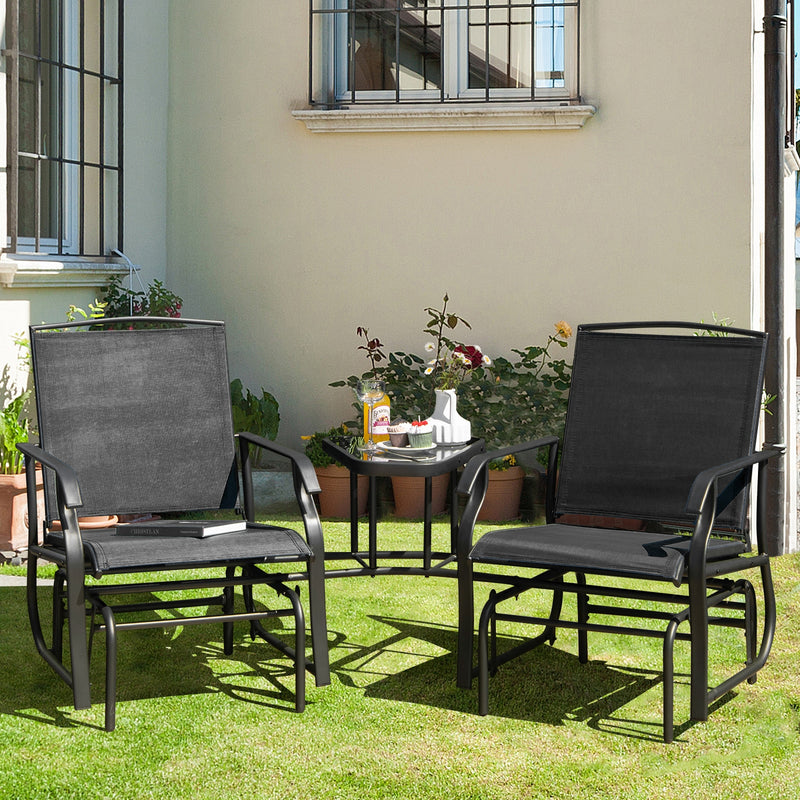 Double Swing Glider Rocker Chair set with Glass Table-Black