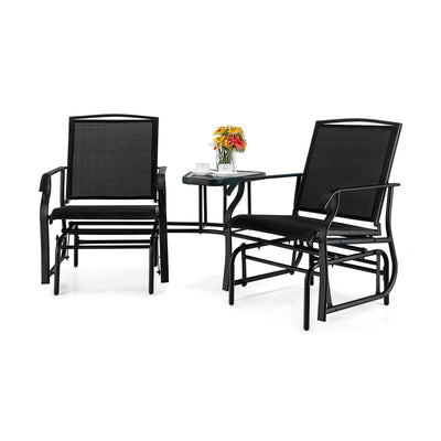 Double Swing Glider Rocker Chair set with Glass Table-Black