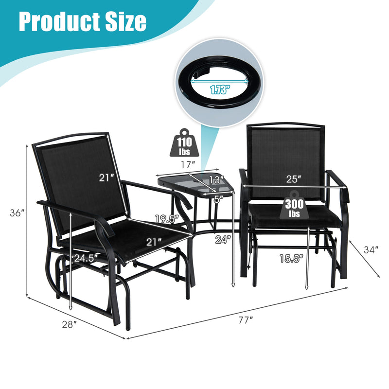 Double Swing Glider Rocker Chair set with Glass Table-Black